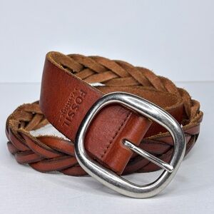 FOSSIL Vintage BT3647231 Braided Brown Leather Boho Belt with Silver Buckle